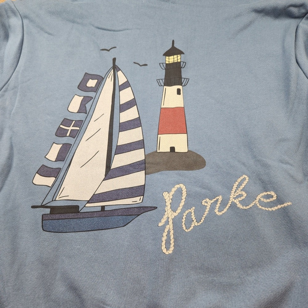 Parke Graphic Hoodie Washed Indigo Blue Nautical Sailboat Lighthouse L/XL Cotton